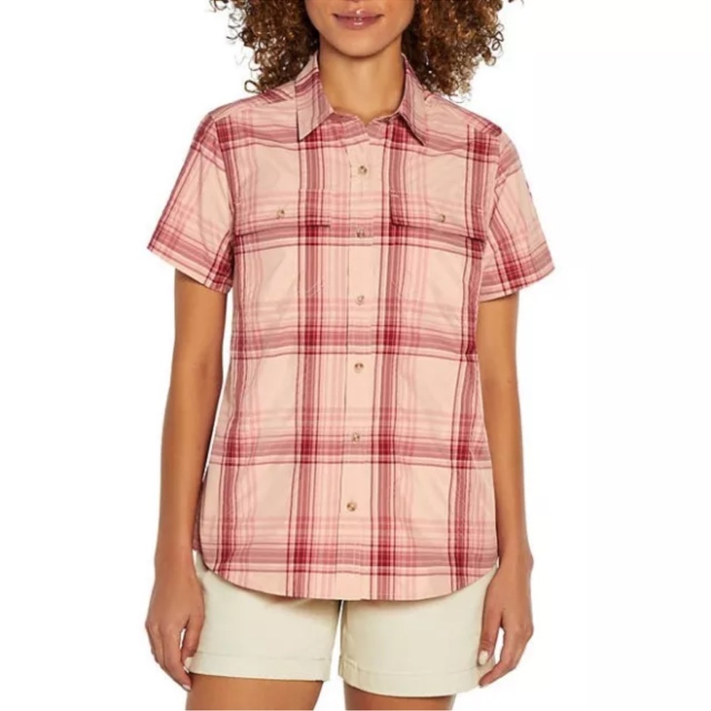 Eddie Bauer Ladies Short Sleeve Adventure Top Peach Starling Plaid Size XL